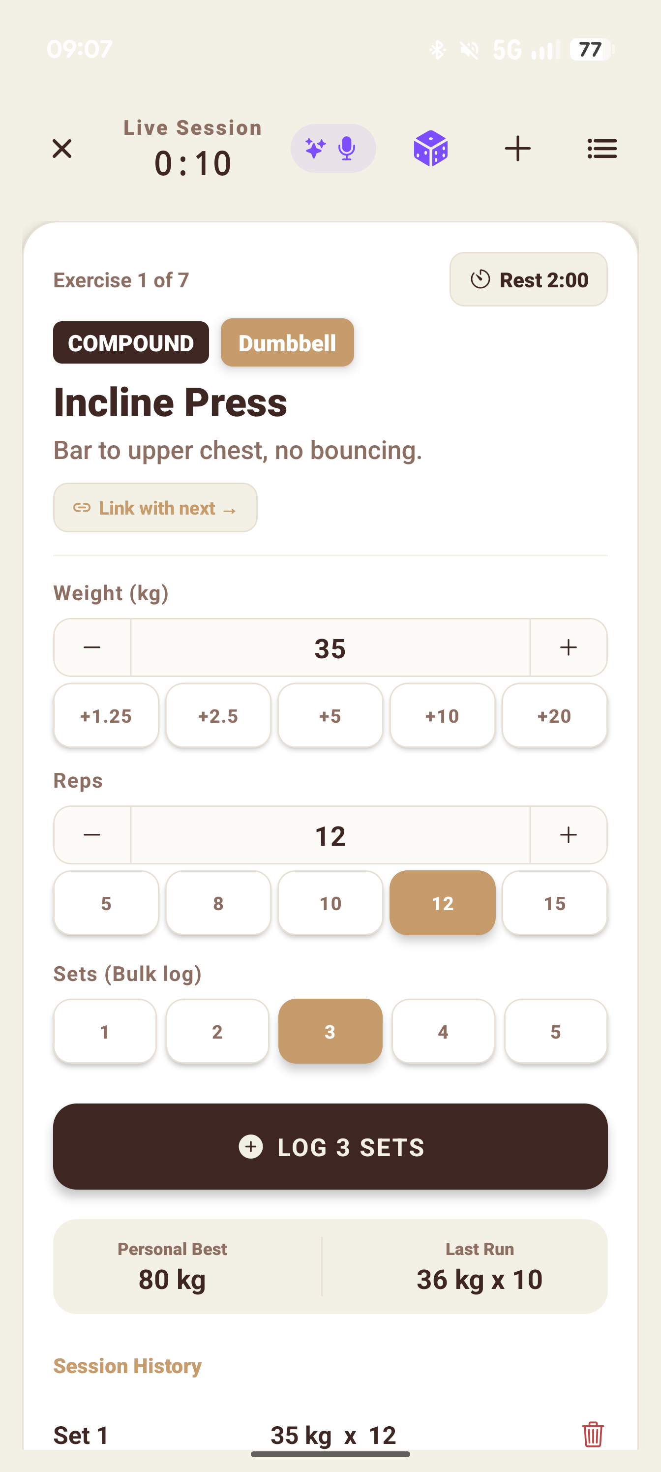 Live workout session logging with rest timer
